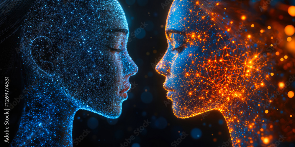 Poster ai-driven networking illustration featuring virtual profiles connecting with digital patterns and li