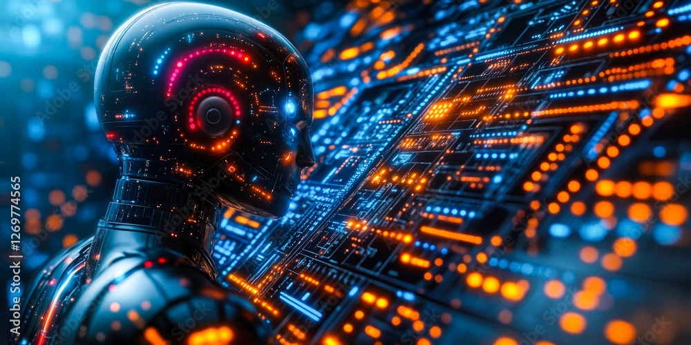 Poster futuristic ai robot interacting with digital interface displaying circuitry and illuminated data
