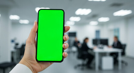 Modern Office Environment with Smartphone Display - A hand holding a smartphone with a green screen in a contemporary office setting, symbolizing technology, communication, business, productivity