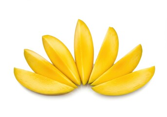 Fresh juicy mango slices neatly arranged in a fanned out pattern isolated on a white background