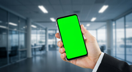 Smartphone Displaying Green Screen in Modern Office - A hand holding a smartphone with a green screen in a modern office environment, focusing on technology, communication, business, and innovation