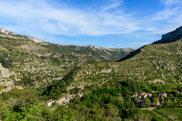 The village of Navacelles in Europe, France, Occitanie, Herault, Navacelles, in summer, on a sunny day.