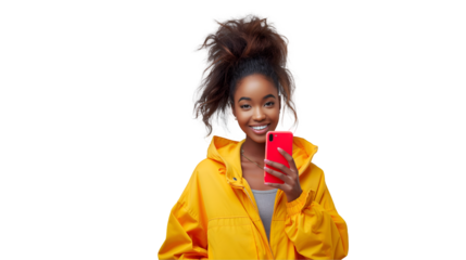 Happy Young Woman with Red Smartphone Stylish Yellow Jacket, Modern Casual Look, isolated on transparent background.