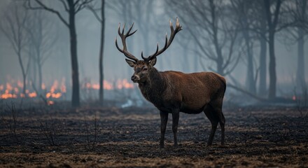 Fototapeta premium Majestic Deer Stands Amidst Forest Fire Aftermath - A lone deer surveys the charred landscape, representing resilience in nature, survival against adversity, beauty in chaos, struggle for life