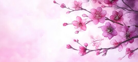 Elegant Pink Watercolor Floral Background Delicate Blossoms On Branches, Soft Artistic Style