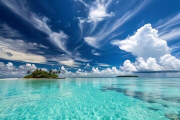Fototapeta premium Beautiful tropical beach with blue sky and white clouds abstract texture background. Copy space of summer vacation and holiday business travel concept .