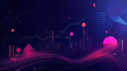 Neon abstract data visualization with geometric shapes and lines in dark background