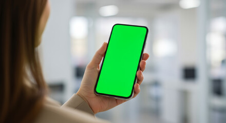 Mobile Phone Displaying Green Screen in Office Environment - A person holds a smartphone with a green screen in an office, symbolizing technology, communication, innovation, marketing