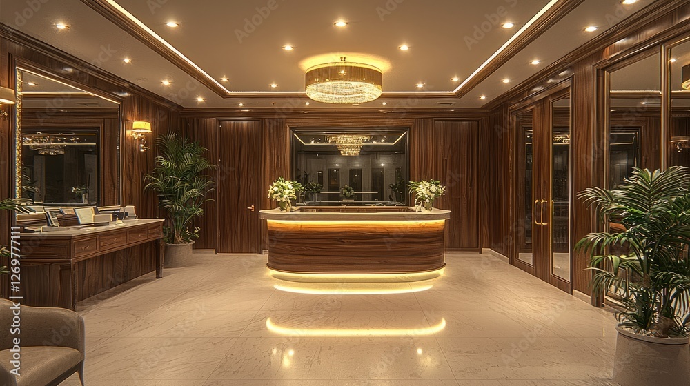 Poster A luxury hall with reception counter and interior design in modern classical style using all walnut timber. Behind the reception counter is an office area covered by clear glass panels.