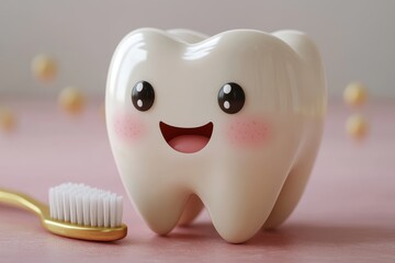 Cute cartoon tooth character with a toothbrush on a pastel pink background creating a cheerful mood for dental care