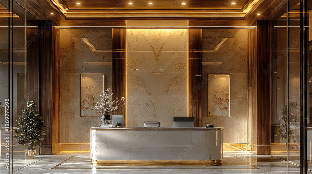 Poster A luxury hall with reception counter and interior design in modern classical style using all walnut timber. Behind the reception counter is an office area covered by clear glass panels.