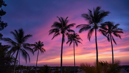 Naklejka premium Generated image Palm trees framed by purple and pink shades of sunset create an incredible sight