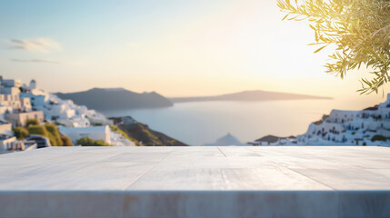 Empty copy space wooden minimalist table for product placement overlooking a beautiful greek island in the background