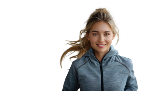 Athletic Woman in Hoodie Smiling Fitness Model, Healthy Lifestyle with Grey Background, isolated on transparent background.