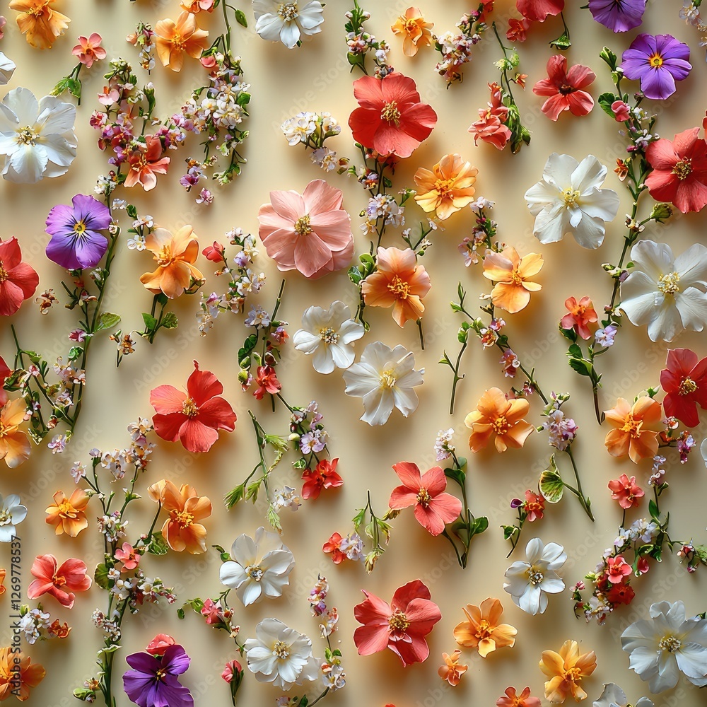 Poster a light beige background with a variety of small flowers and green leaves arranged in a beautiful pa
