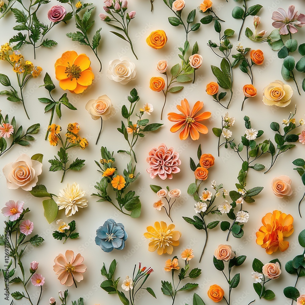 Poster a light beige background with a variety of small flowers and green leaves arranged in a beautiful pa