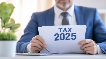 Obraz premium 2025 Tax Season: Professional Businessman in Formal Attire Reviews Tax Documents and Financial Planning Strategies in Corporate Office