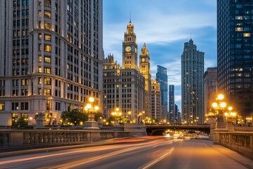 Obraz premium Chicago's iconic buildings glow in the evening light along the river. The historic clock tower and modern skyscrapers create a stunning urban landscape at twilight.