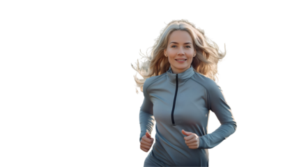 Woman Jogging in Park Active Autumn Lifestyle, Blonde Model in Nature, isolated on transparent background.