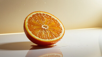 A vibrant, juicy fresh orange slice, peeled to reveal its tender white pith and glistening orange flesh, with a few subtle droplets of juice glistening on its surface, set against a crisp white or cre