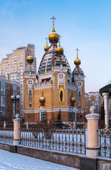 Winter city landscape: Orthodox church in Kyiv