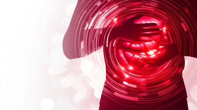 Abstract red pain icon on a white background, depicting radial stomach pain. 