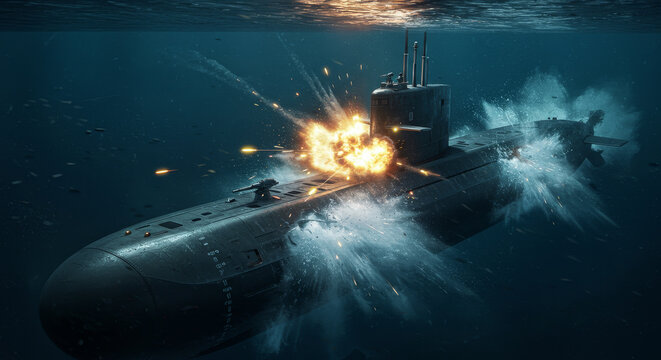 Underwater Explosion of a Submarine - A striking of an underwater submarine explosion showcasing powerful blasts water splashes detail silhouette and deep-sea surroundings