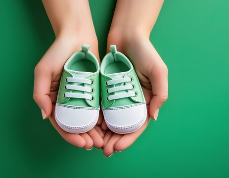 petites chaussures vertes pour b&eacute;b&eacute; ou jeune enfant	
dans les mains d'une femme, attente enfant sur fond vert