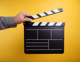 clap de cinéma noir sans écriture dans des mains pour lancer l'action d'un tournage en ia