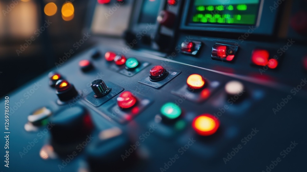 Poster Illuminated Control Panel With Numerous Buttons And Knobs
