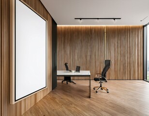 Intérieur de bureau avec tableau d'affichage vide, modèle, et table de réunion, lieu de travail en ia