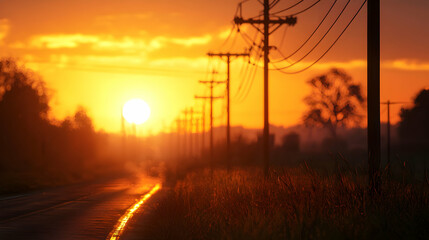 Golden Sunset Over a Rural Road with Silhouetted Power Lines Under Dramatic Sky in the Countryside