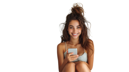 Smiling Woman with Phone Casual Style, Happy Young Model for Media Themes, isolated on transparent background.
