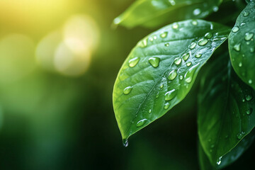 Fototapeta premium Fresh green leaf with water drops. Natural leaf with dew drop, closeup of wet tree foliage, spring nature background with raindrops