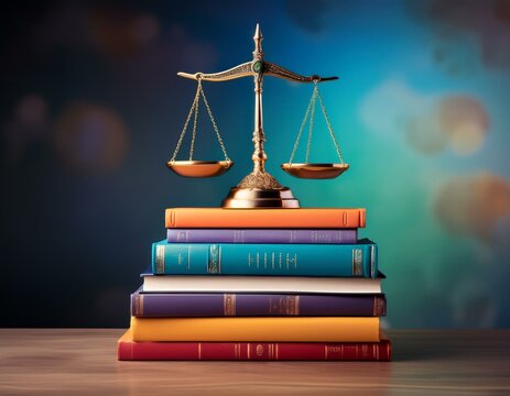 balance de la loi sur une pile de livres, textes de loi, code p&eacute;nal, code de la route, l&eacute;gal en ia