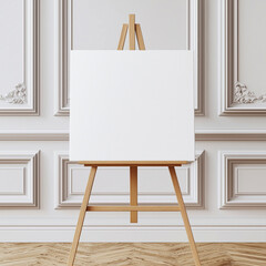 Blank canvas mock up, welcome sign, signboard on a wooden easel.