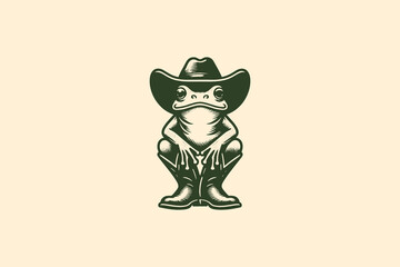 Vintage cowboy frog logo in monochrome engraving style
