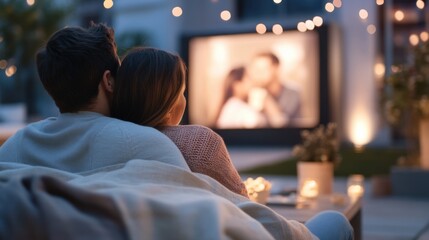 Romantic Outdoor Movie Night: Young Couple Enjoying an Intimate Evening Under String Lights & Cozy Blankets