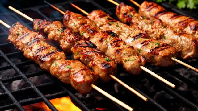 Cooking Skewered meat barbecue, charcoal-grilled kebab, outdoor skewer cooking, cut steak skewers,	
