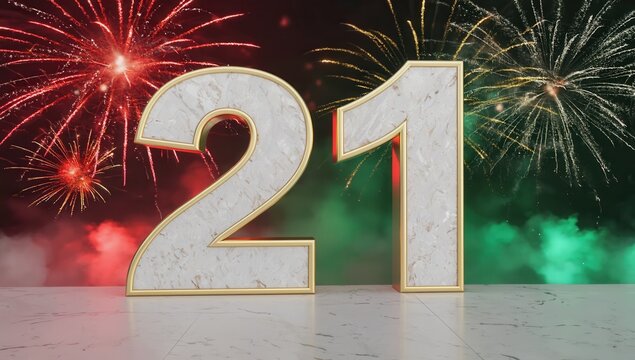 Elegant white and gold number 21 with fireworks in the background. Perfect for a 21st birthday, anniversary, or corporate event