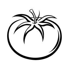 Outlined tomato image with leafy crown on white background