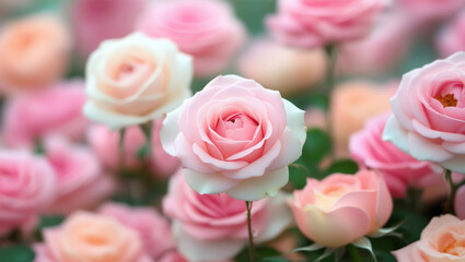 light pink roses in soft color and blur style for background. sweet color roses flowers in pastel tone with blurred style for background pattern texture. sweet color flower petals in soft color







