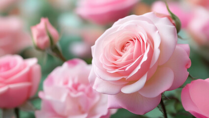 Fototapeta premium light pink roses in soft color and blur style for background. sweet color roses flowers in pastel tone with blurred style for background pattern texture. sweet color flower petals in soft color