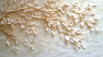 Delicate paper cut leaves form intricate tree canopy with soft shadows, creating serene and artistic nature inspired composition in warm beige tones