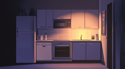 Fototapeta premium Night Kitchen Interior, Soft Light, Modern Design, Interior Design, Stock Photo