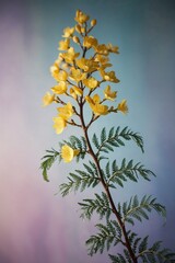 Beautiful yellow flowering branch against a soft gradient background in pastel colors