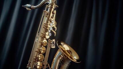 Obraz premium Detailed shot of a saxophone with lighting reflecting off its polished brass finish placed against a black curtain backdrop