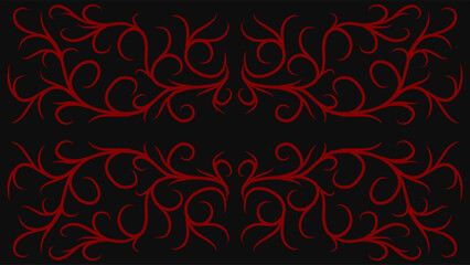Red abstract tribal ornament on black background, symmetrical and elegant with flowing curves