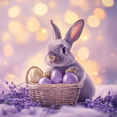 Fototapeta premium Playful Easter bunny with a basket of sparkling Easter eggs for a Whimsical Festive Purple Easter scene