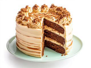 Delicious vanilla and butterscotch  cake with a white background 